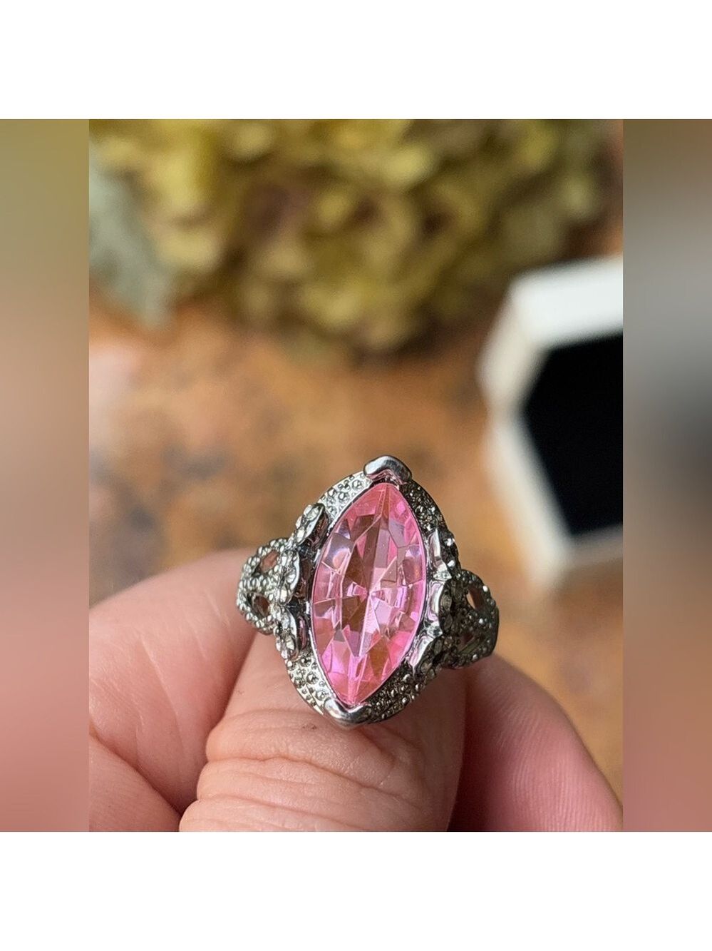 Royal Pink Marquise CZ Crown Ring • High Sparkle Statement Fashion Ring • Size 9